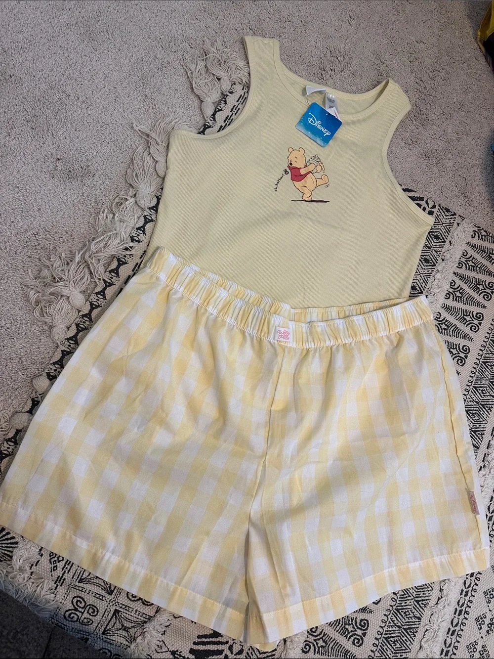 NWT Size 2XL Disney Pale Yellow Winnie the Pooh Tank & Yellow Gingham Shorts Set - Picture 5 of 6
